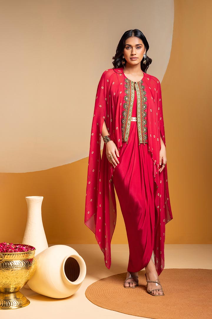 Taarani drape dress with embroidered capeSP4918
