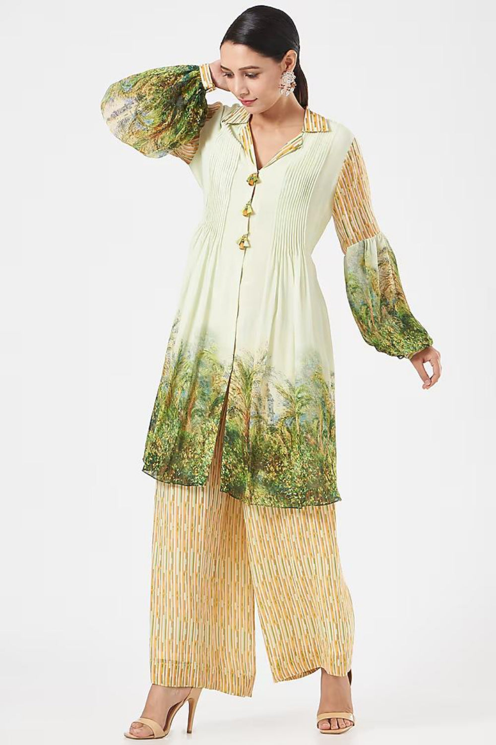 Image of Mint Green & Yellow Georgette Pant Set