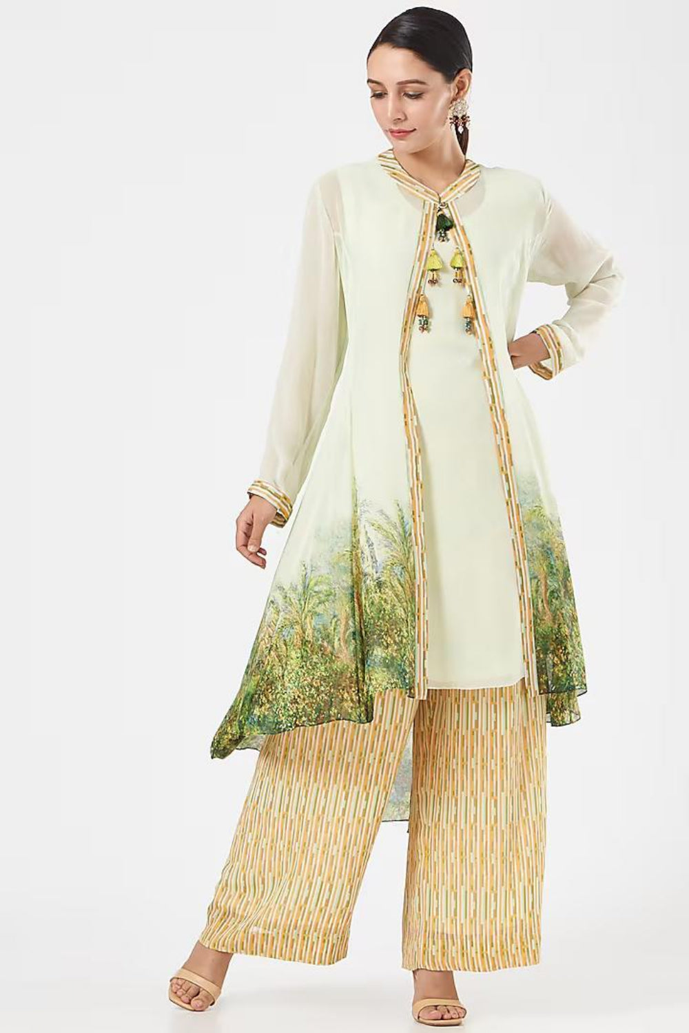 Image of Mint Green Georgette Printed Cape Set