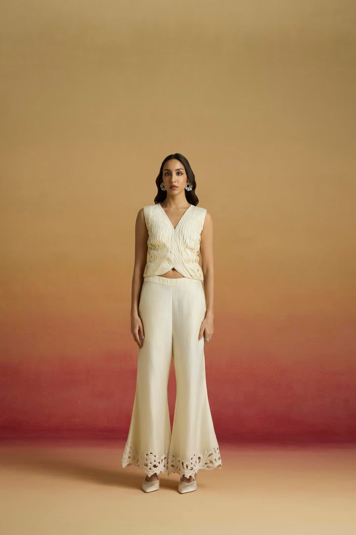 Ivory Chanderi Pleated Crop Top - Elegant Structured Festive Wear