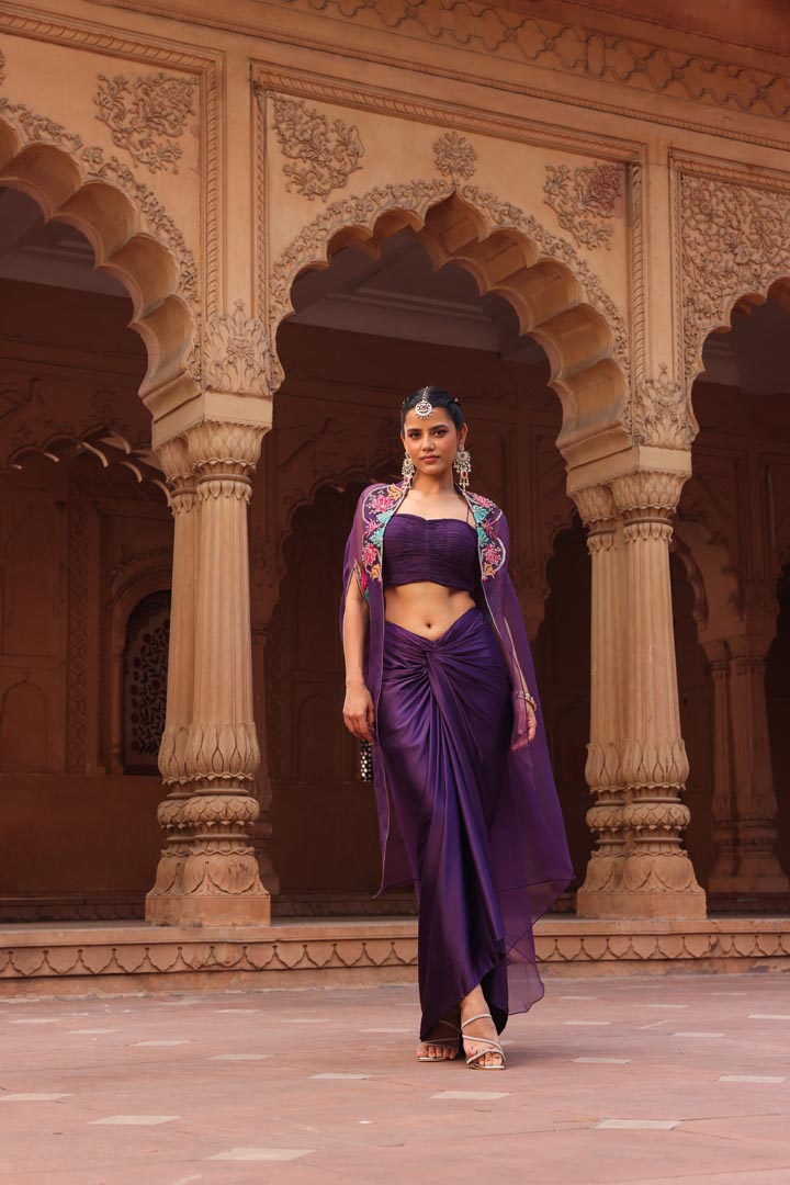 Purple Chakra dhoti cape set