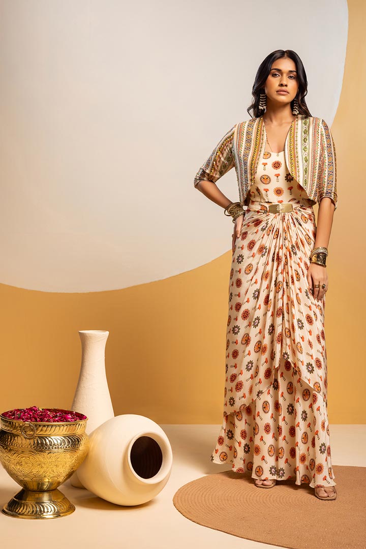 Taarani embellished long drape dress setSP4938