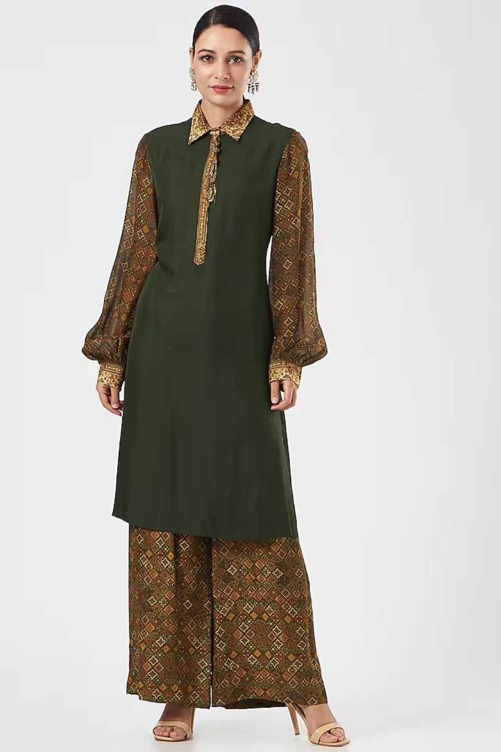 Olive Green Silk Printed Pant Set - Auraya Fashion - ASHIMA LEENA - #tag1# - #tag2# - #tag3# - #tag3#