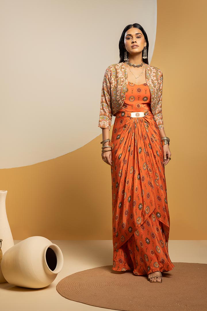 Taarani embellished long drape dress setSP4937