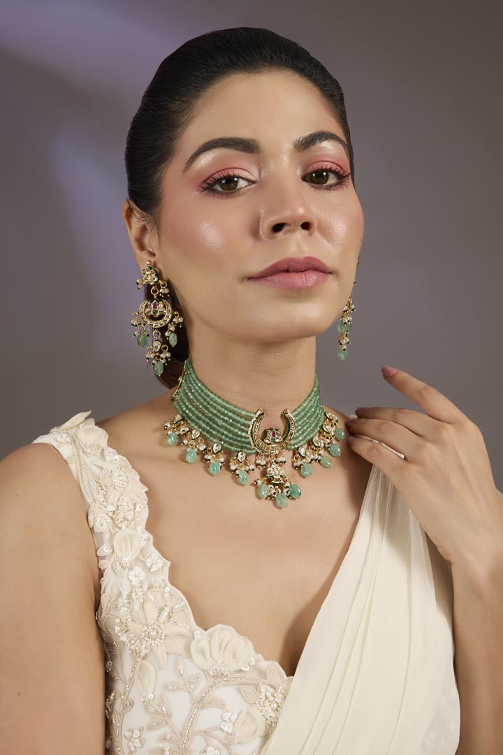 Green Beaded Kundan Choker Necklace Set