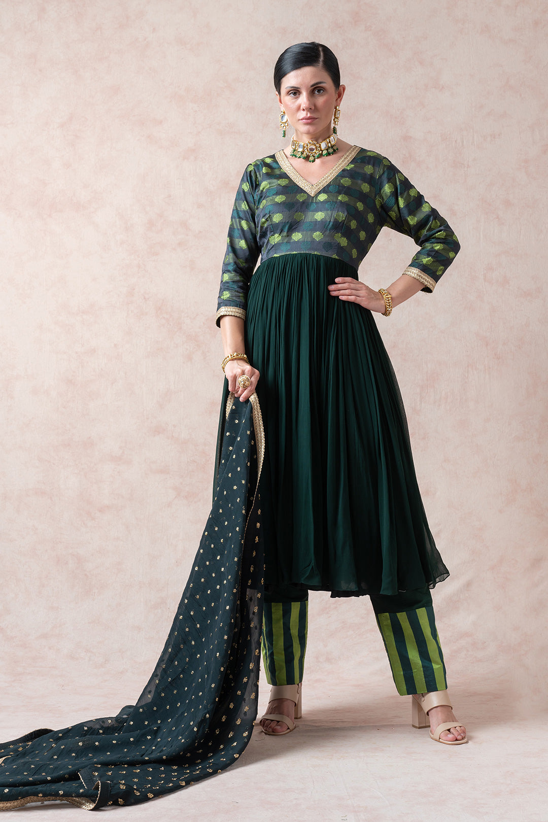 Bottle Green Tanchoi Silk Anarkali with palazzo