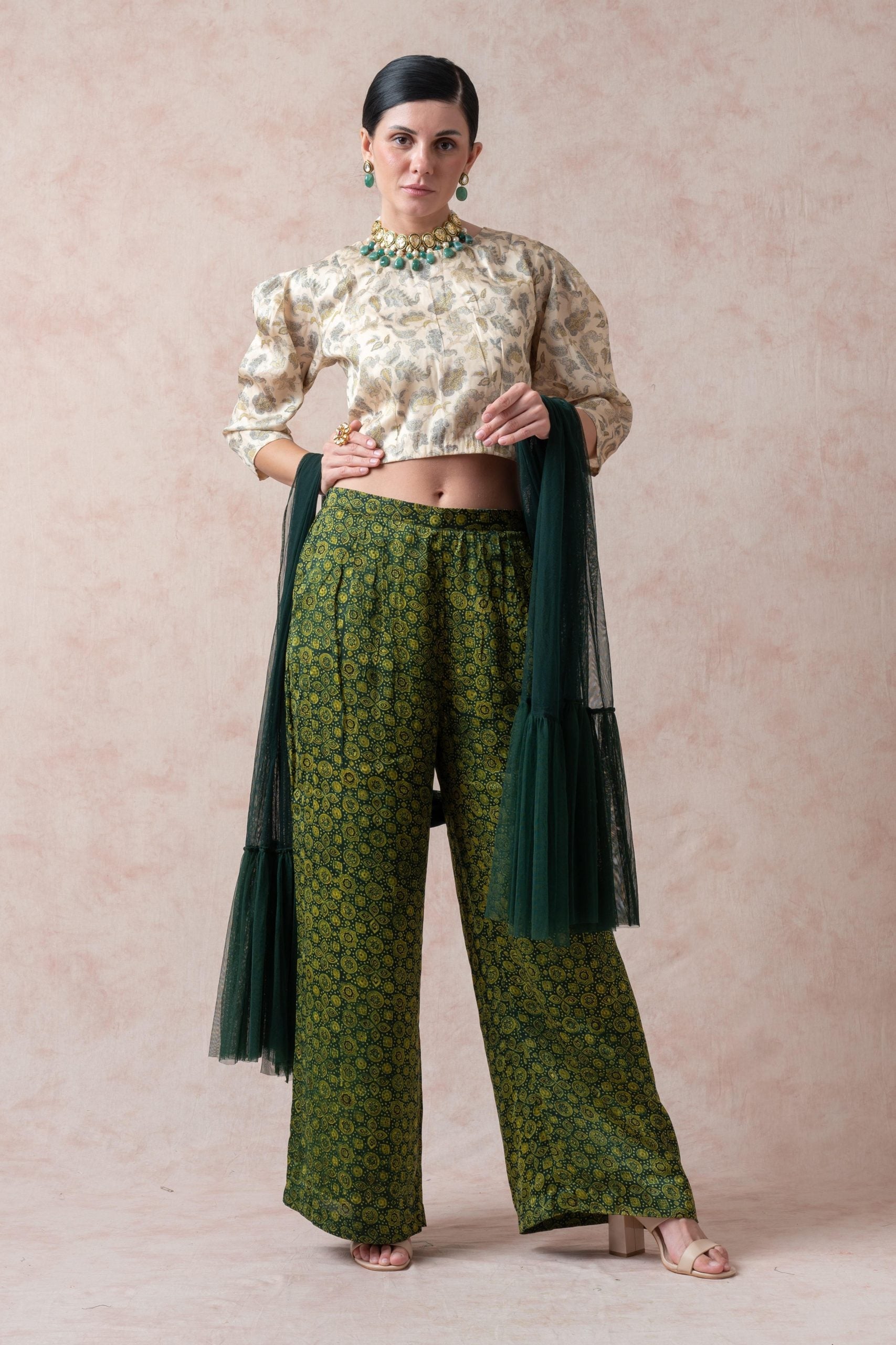 Green beige Crop top with forest green and mustard Ajrak print pleated pants