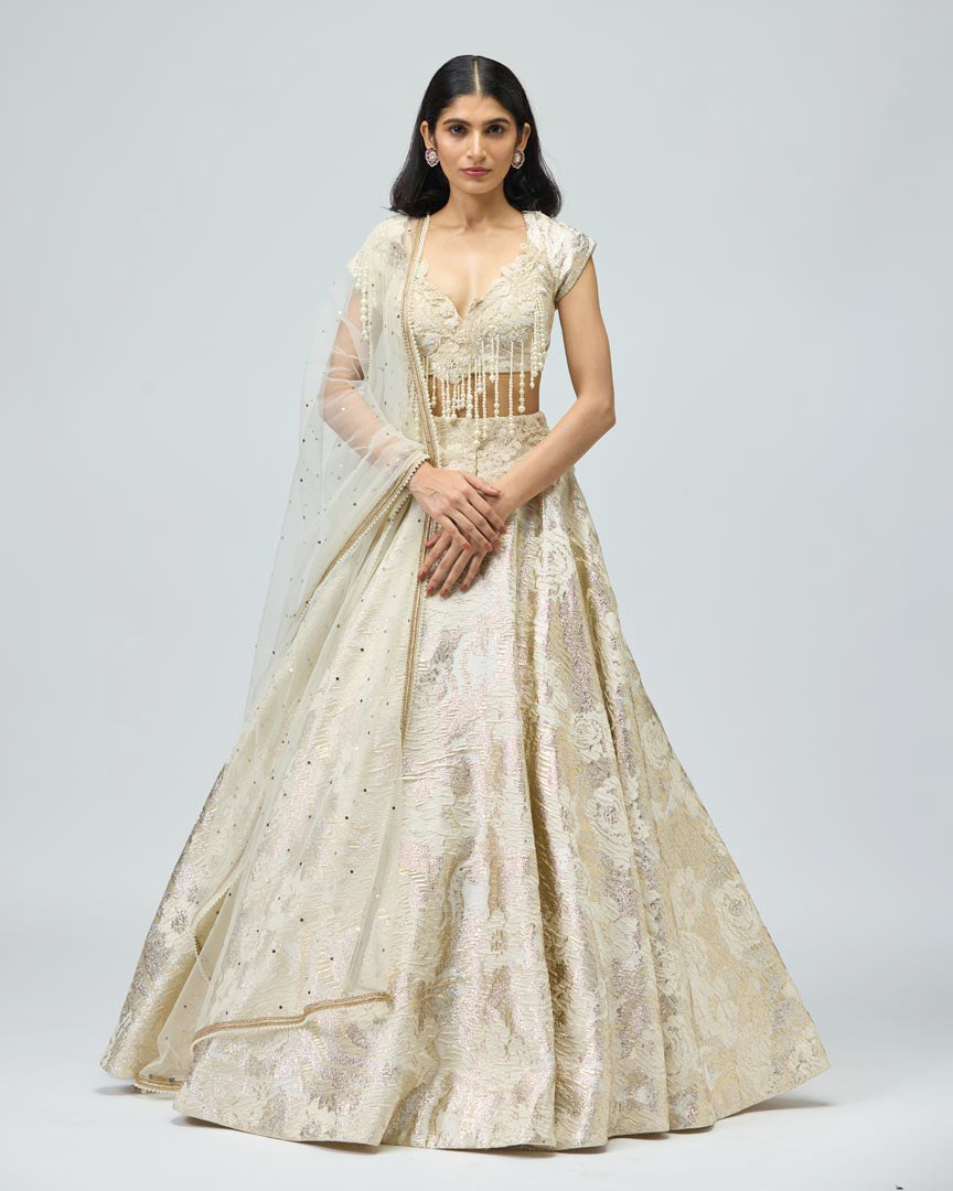 Pearl Embroidered Ivory Silk Brocade Lehenga Set for Weddings