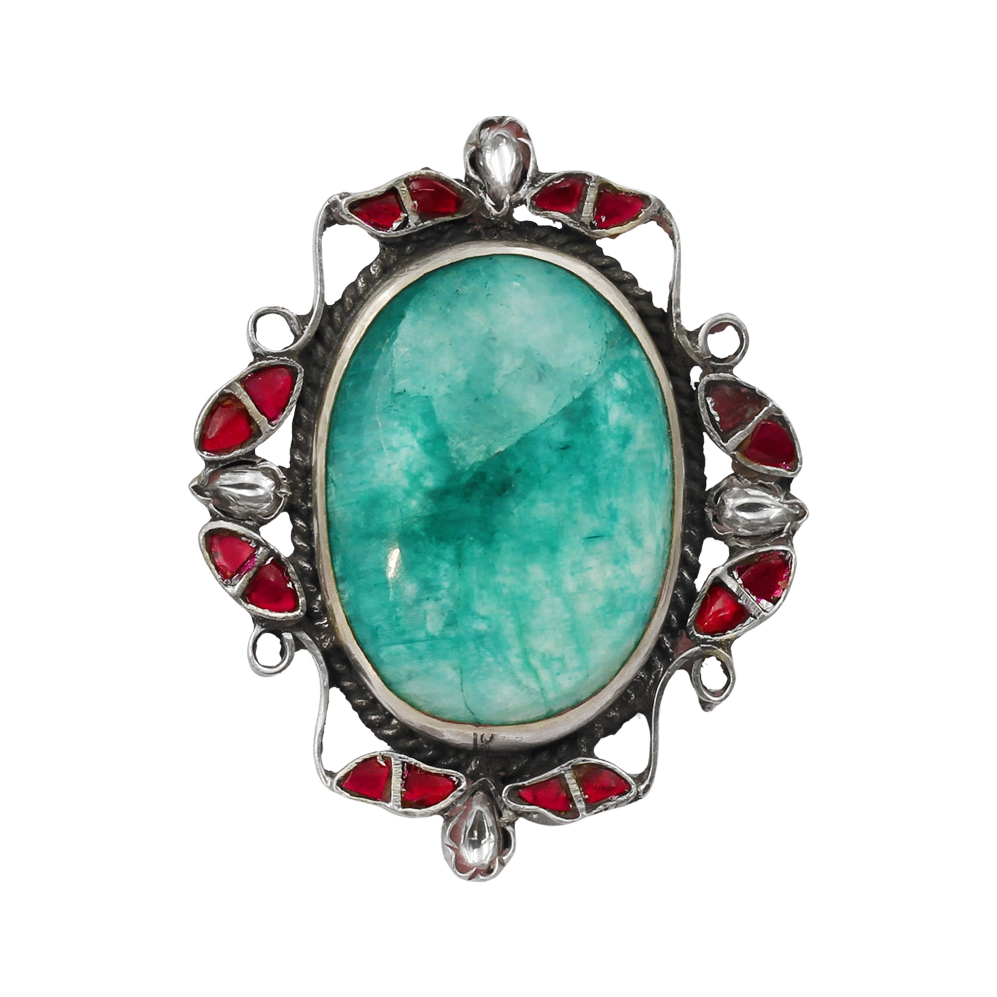 Sangeeta Boochra Statement Silver Ring with Green Stone & Red Detailing