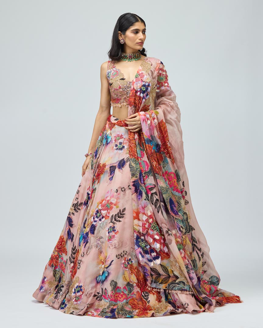 Multicoloured Organza Lehenga Set for Festive Celebrations