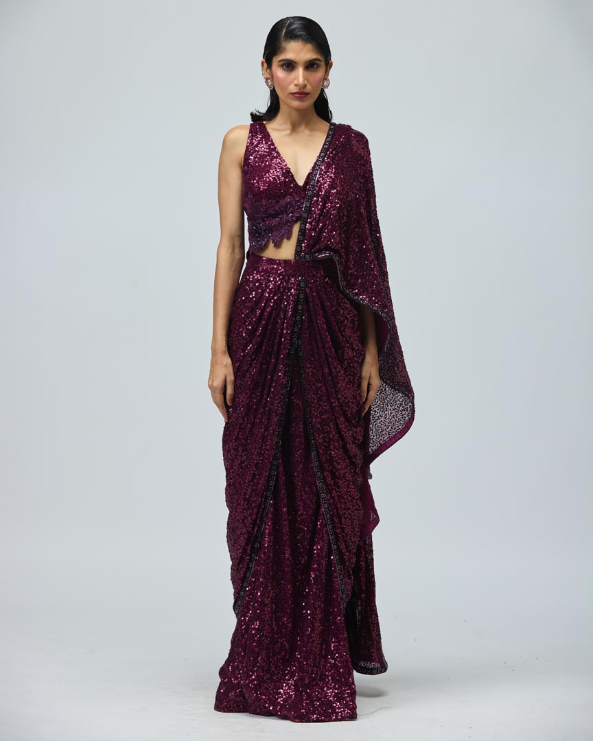 Dark Purple Sequin Drape Saree - Elegant Indo-Western Evening Set
