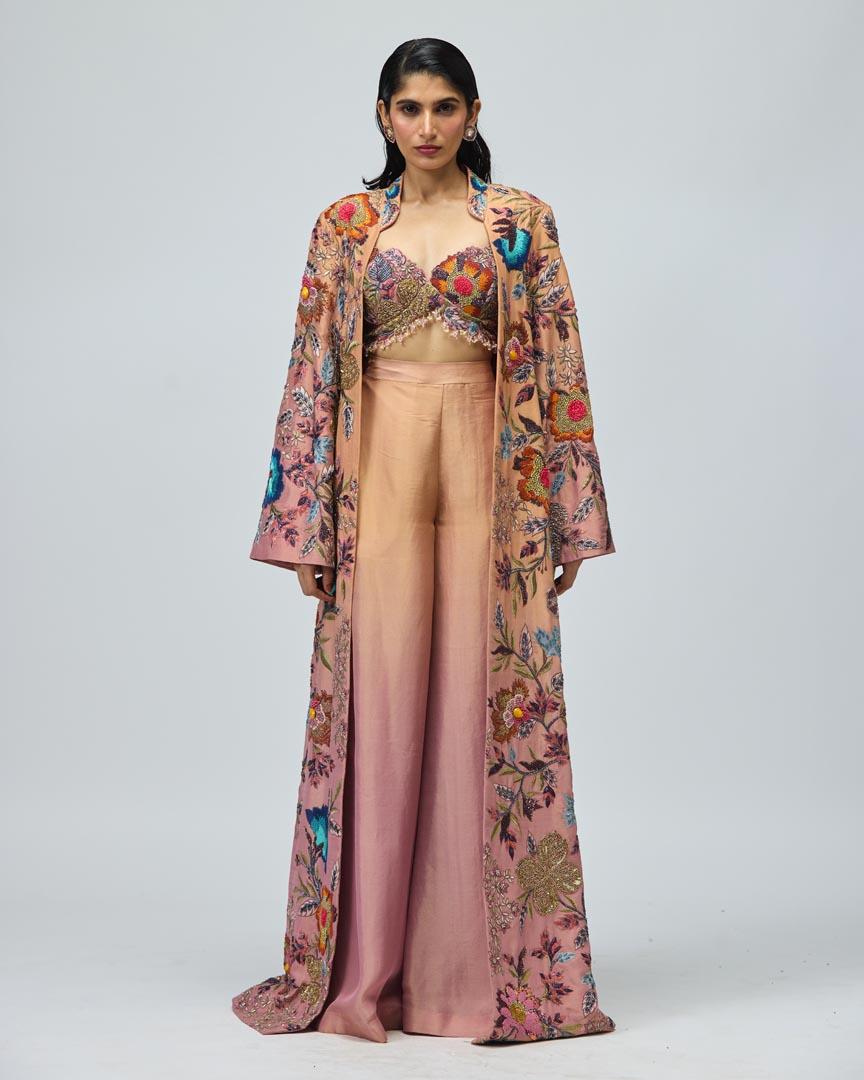 Multicolor Embroidered Peach Cape Set - Elegant Festive Indo-Western