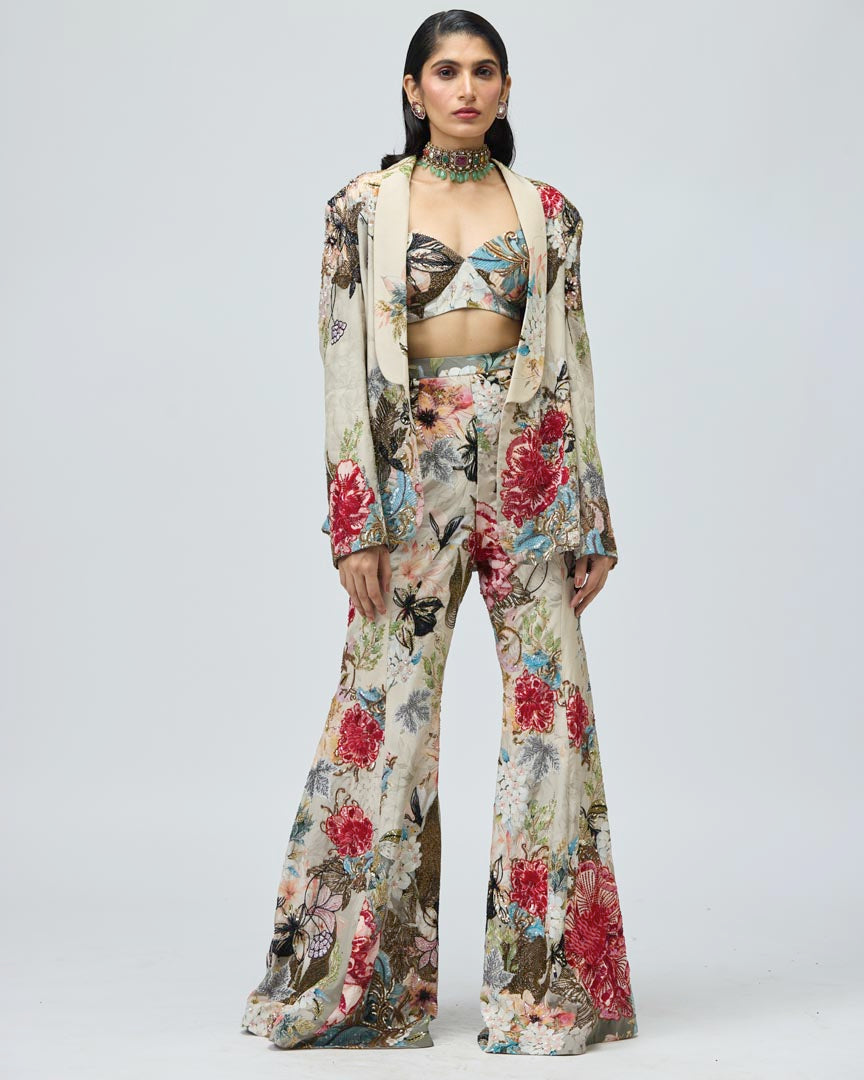 Ivory Printed Crepe Jacket Set with Bralette & Trousers