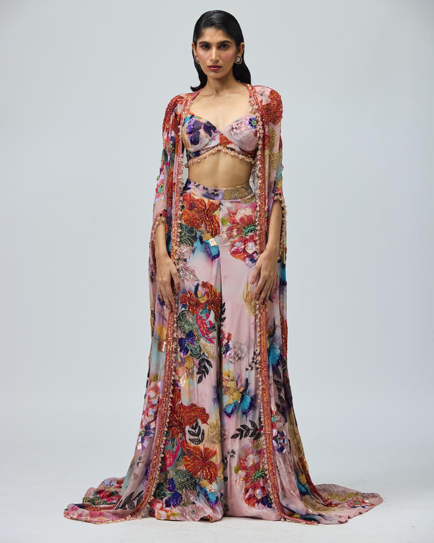 Pink Floral Printed Georgette Cape Sharara Set for Festive Wear