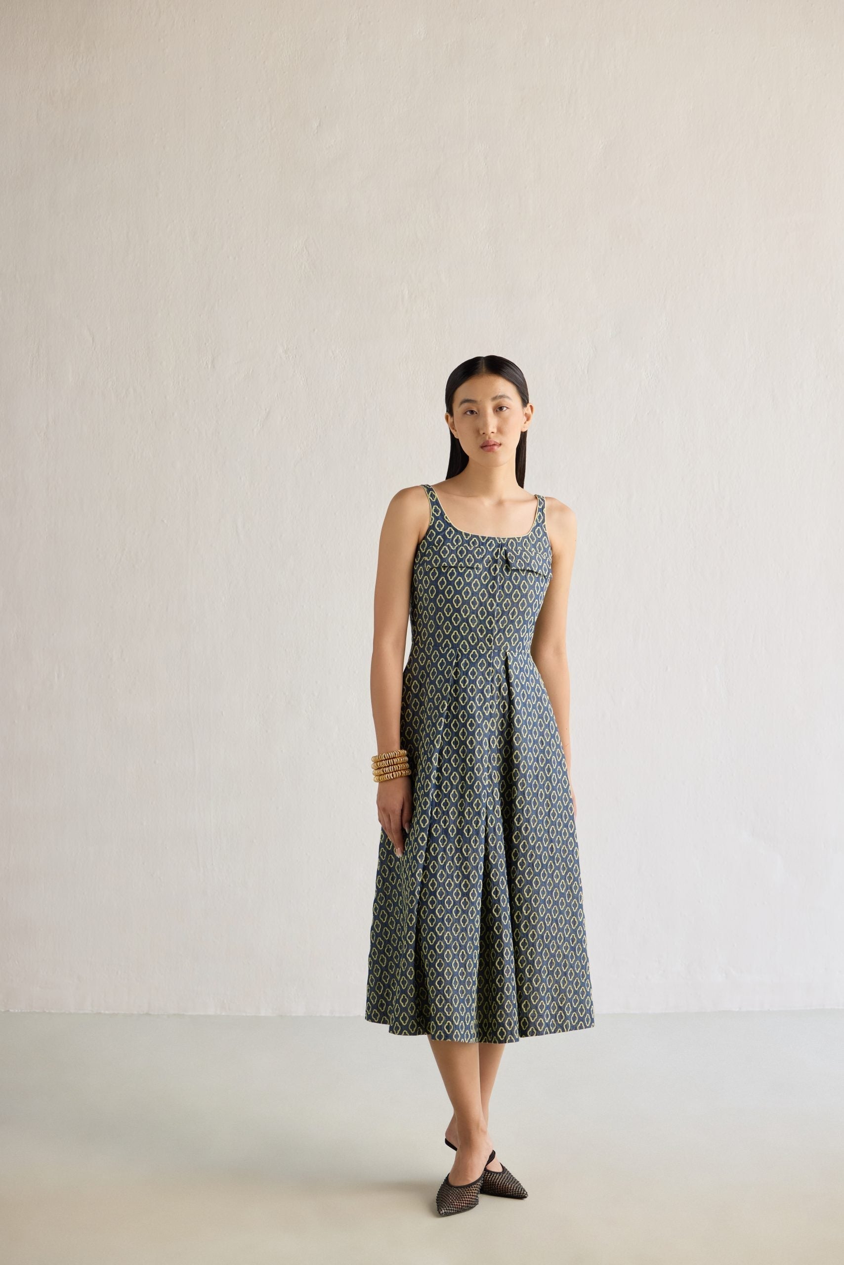 LIME SCHIFFLI DENIM DRESS