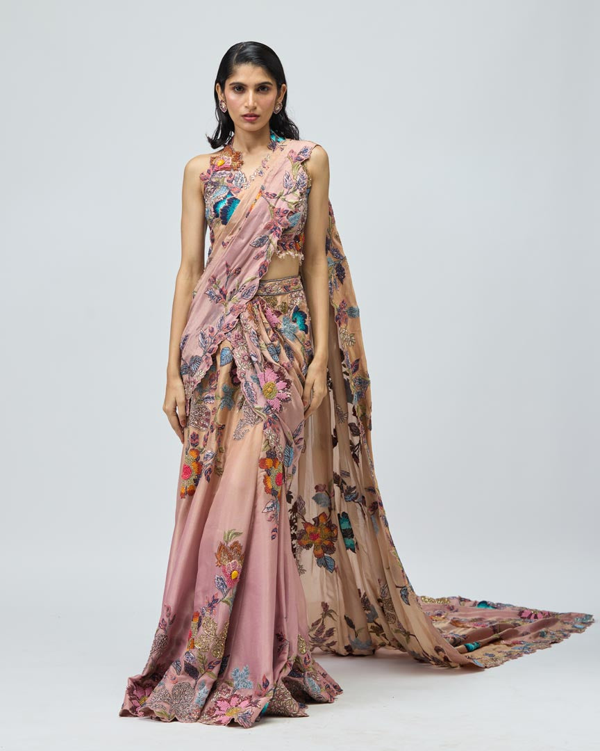 Ombre Viscose Tissue Saree Set with Delicate Thread Embroidery