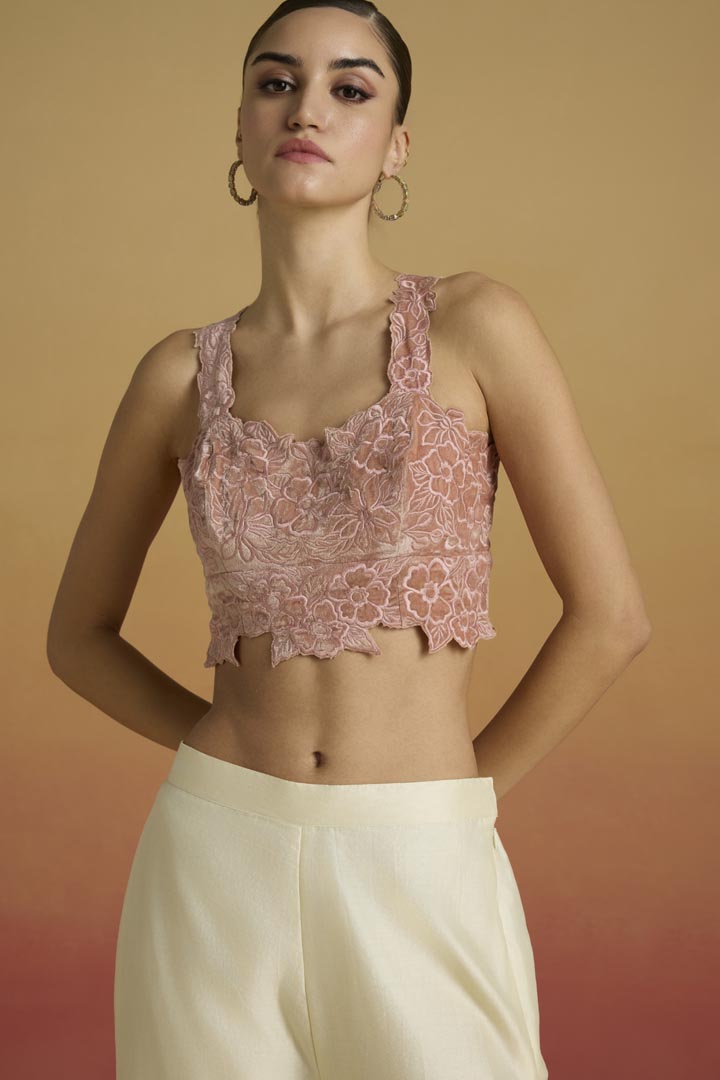 Old Rose Silk Velvet Tonal Embroidered Bustier | Luxury Evening Wear