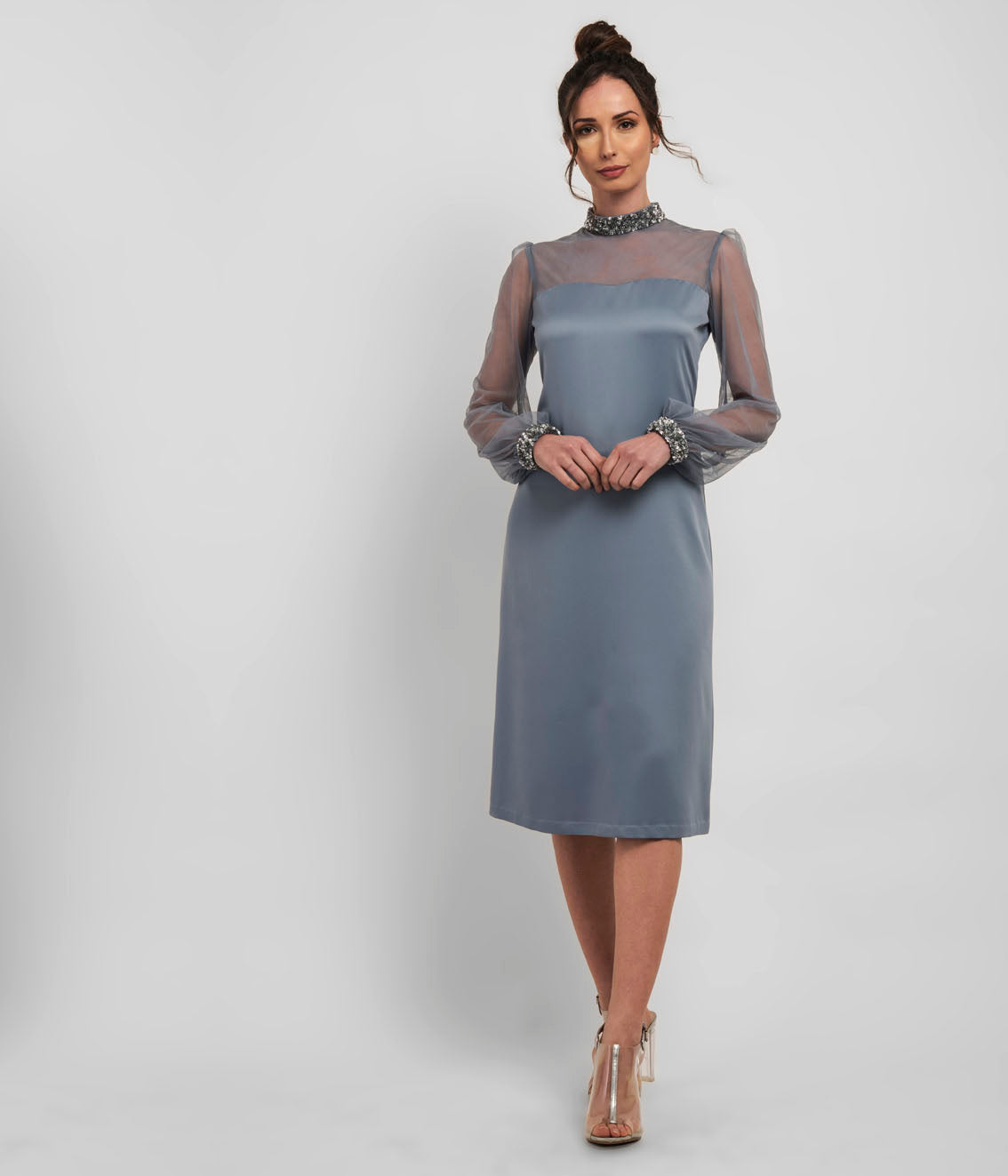 Dusty Blue Shift Dress with Sheer Bishop Sleeve