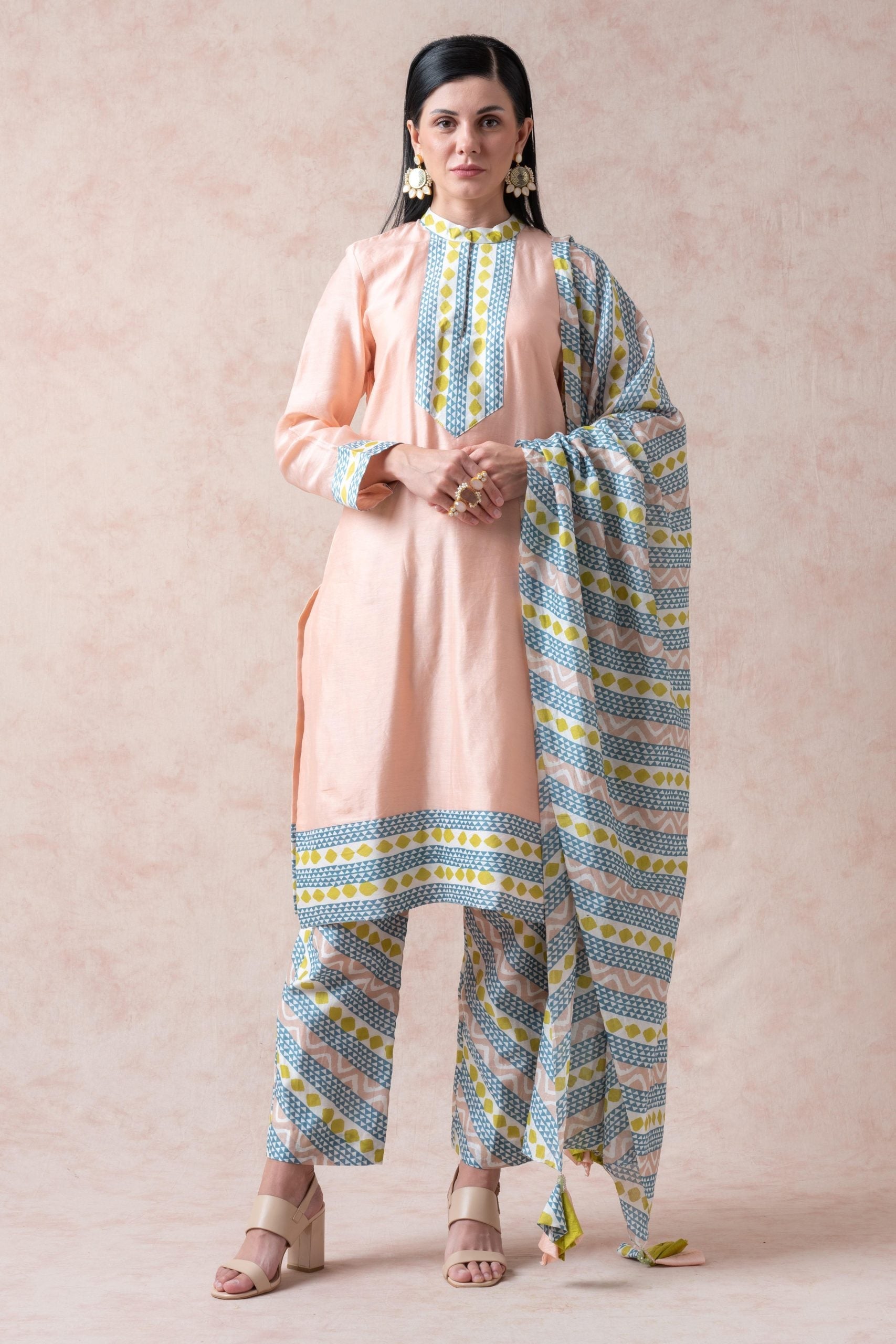 Peachy Pink Chanderi silk kurta with cotton silk printed palazzo and dupatta