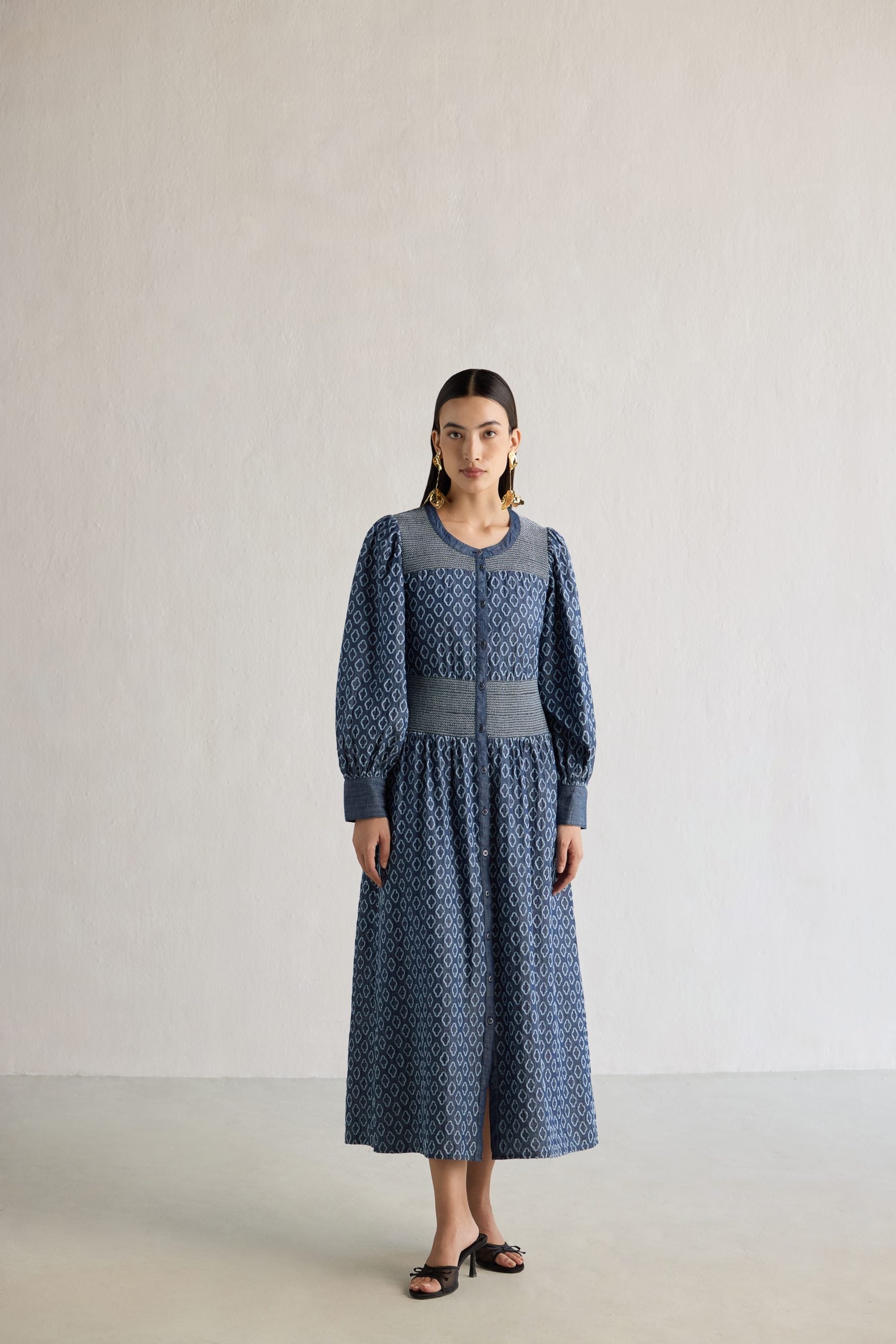 BLUE SCHIFFLI DENIM DRESS