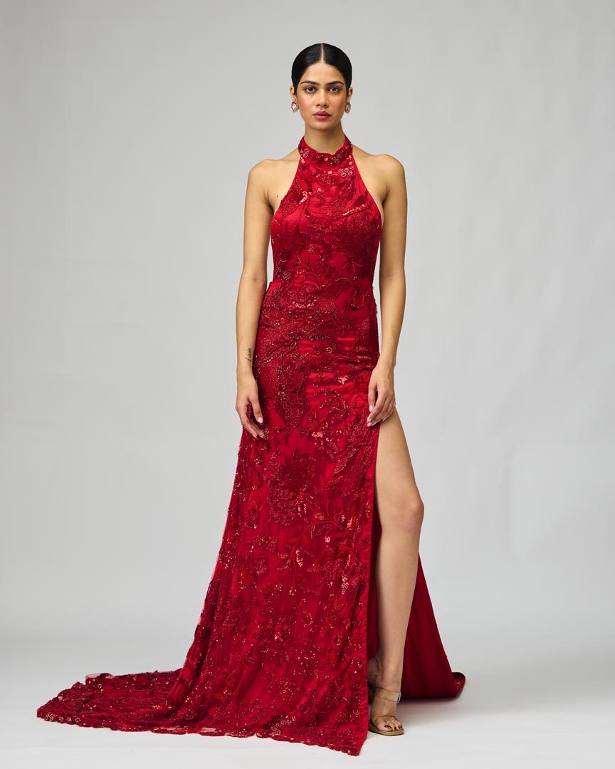 Red Embellished Gown - Designer Mono Net Festive Evening Wear
