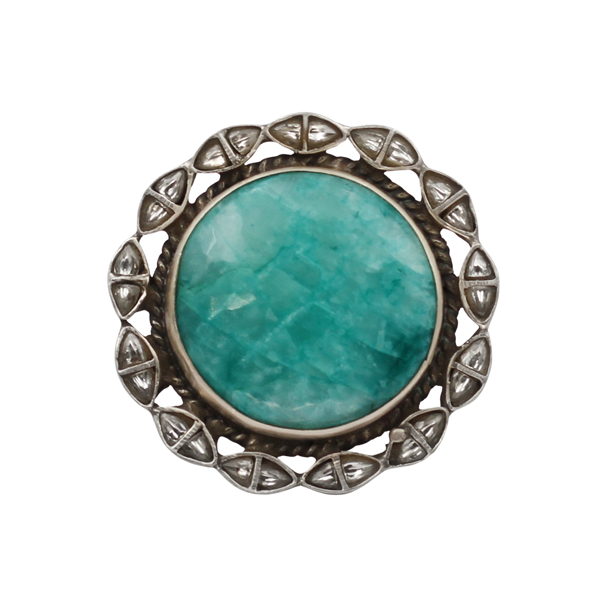 Sangeeta Boochra Handcrafted Silver Round Green Stone Ring