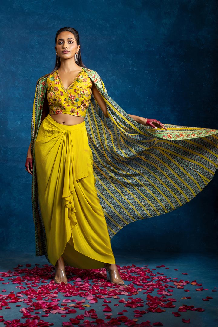 Aarani embellished  drape skirt  set with long capeSP4916