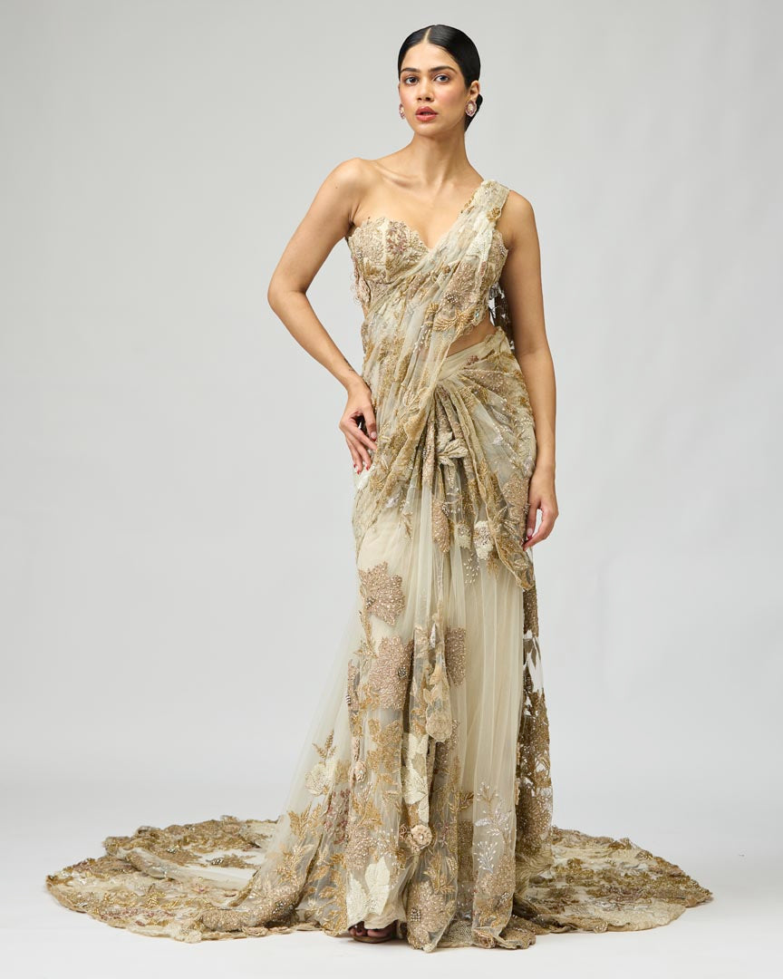 Ivory Gold Patch Saree Set in Structured Mono Net
