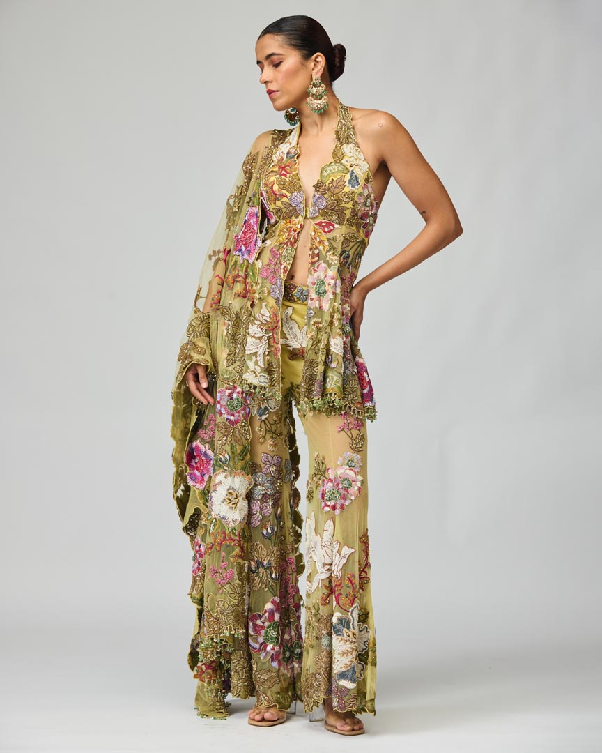 Multicolor Embroidered Mono Net Sharara Set for Festive Occasions