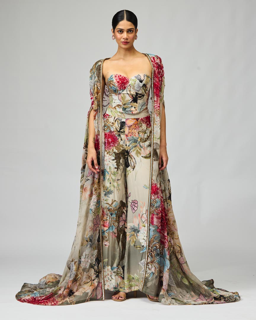 Ivory Embroidered Cape Set in Silk Crepe - Festive Tailored Ensemble