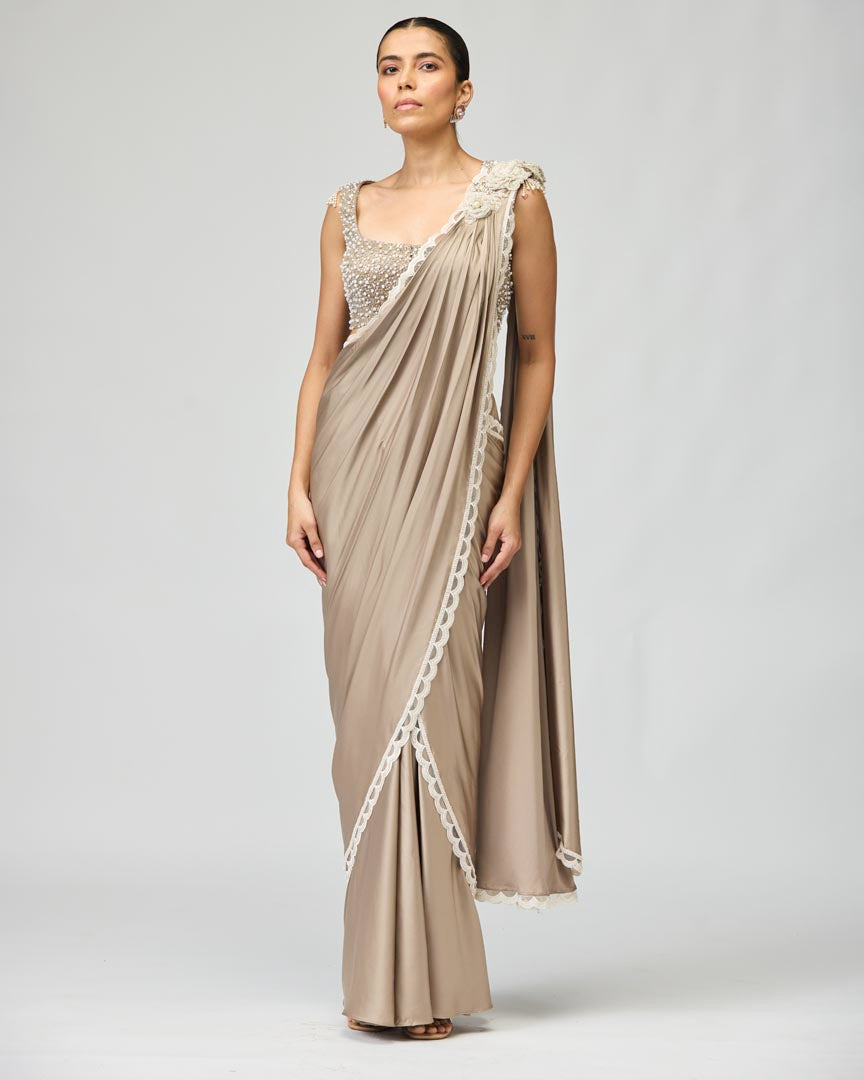 Elegant Grey Armani Satin Saree with Intricate Beadwork Embroidery