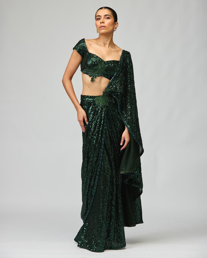 Bottle Green Dori Embroidered Saree Set – Elegant Festive Wear