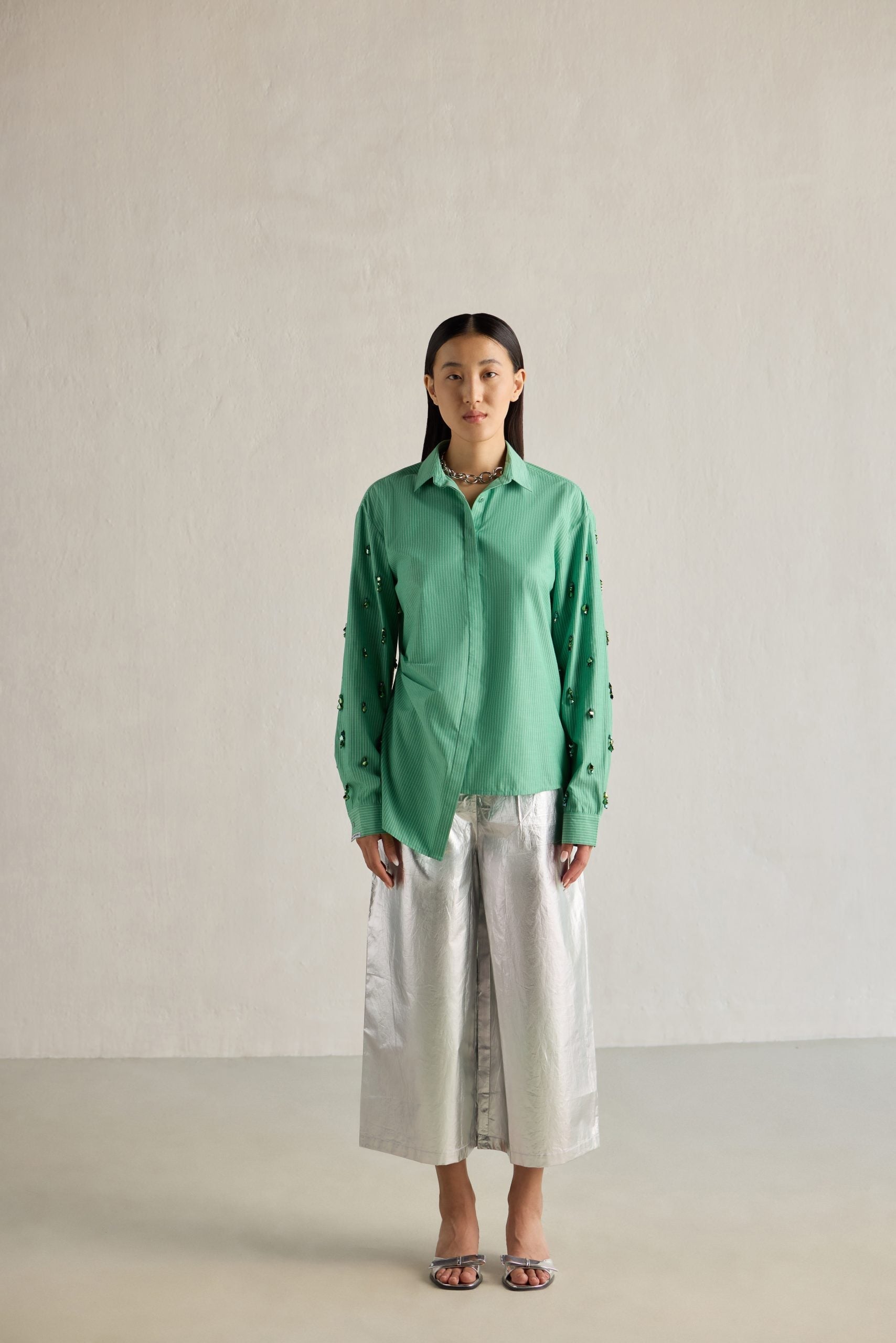 Image of GREEN STRIPE ASSYMETRICAL SHIRT