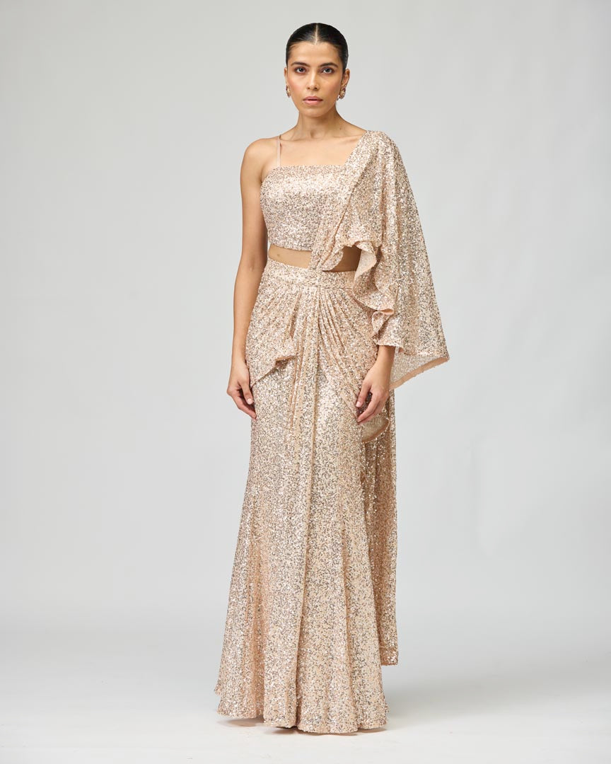 Peach Multi-Sequin Silk Georgette Saree for Cocktail Events