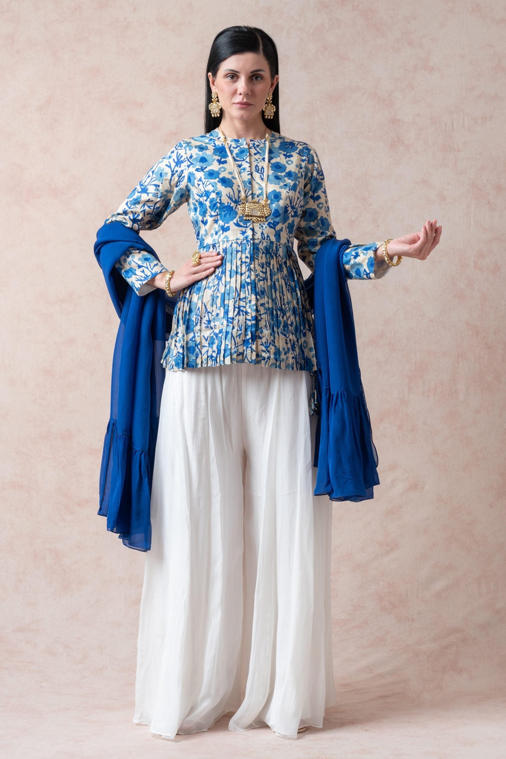 Blue Ivy Tussar silk pleated kurti with sharara