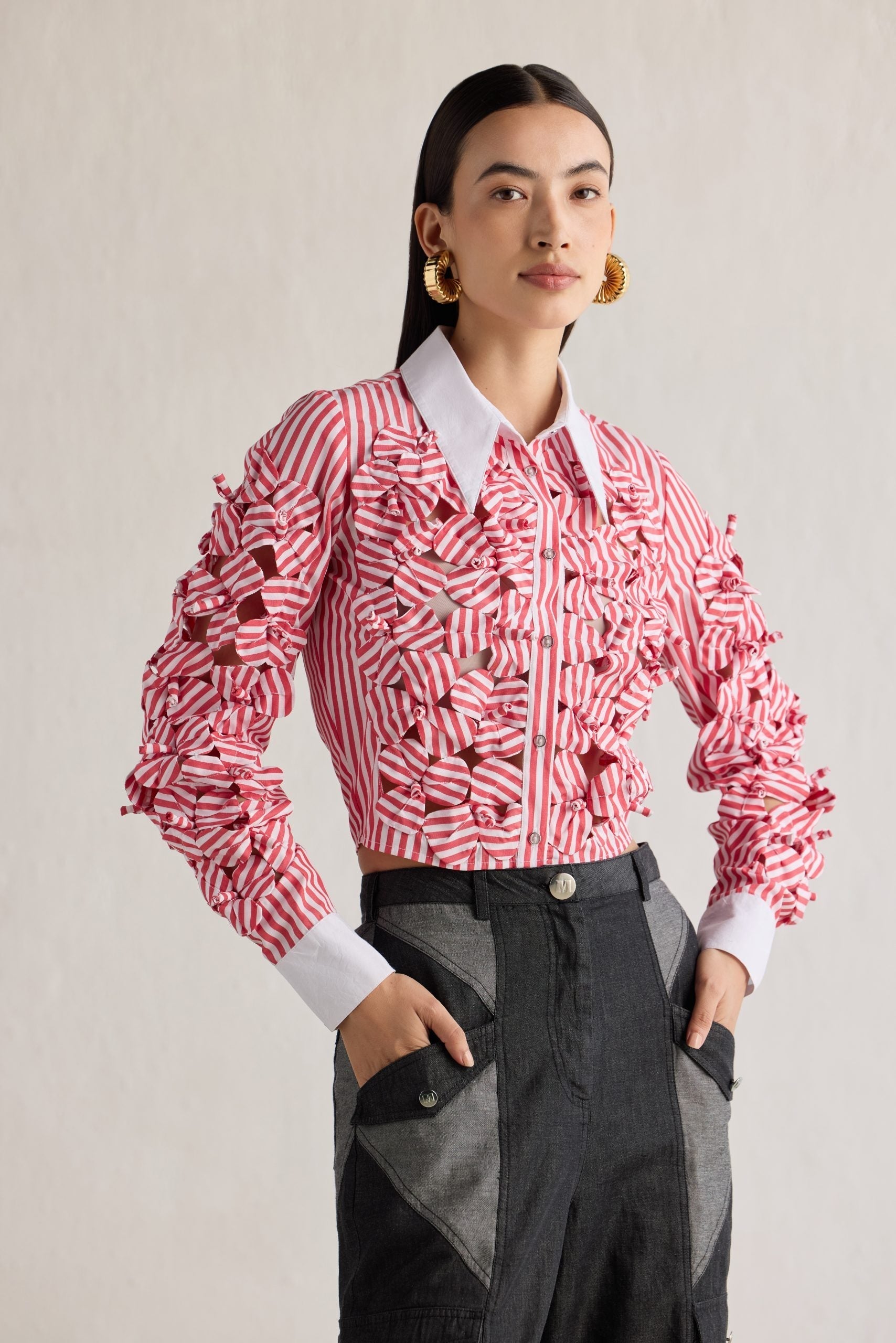 Image of RED STRIPE 3D FLOWER SHIRT