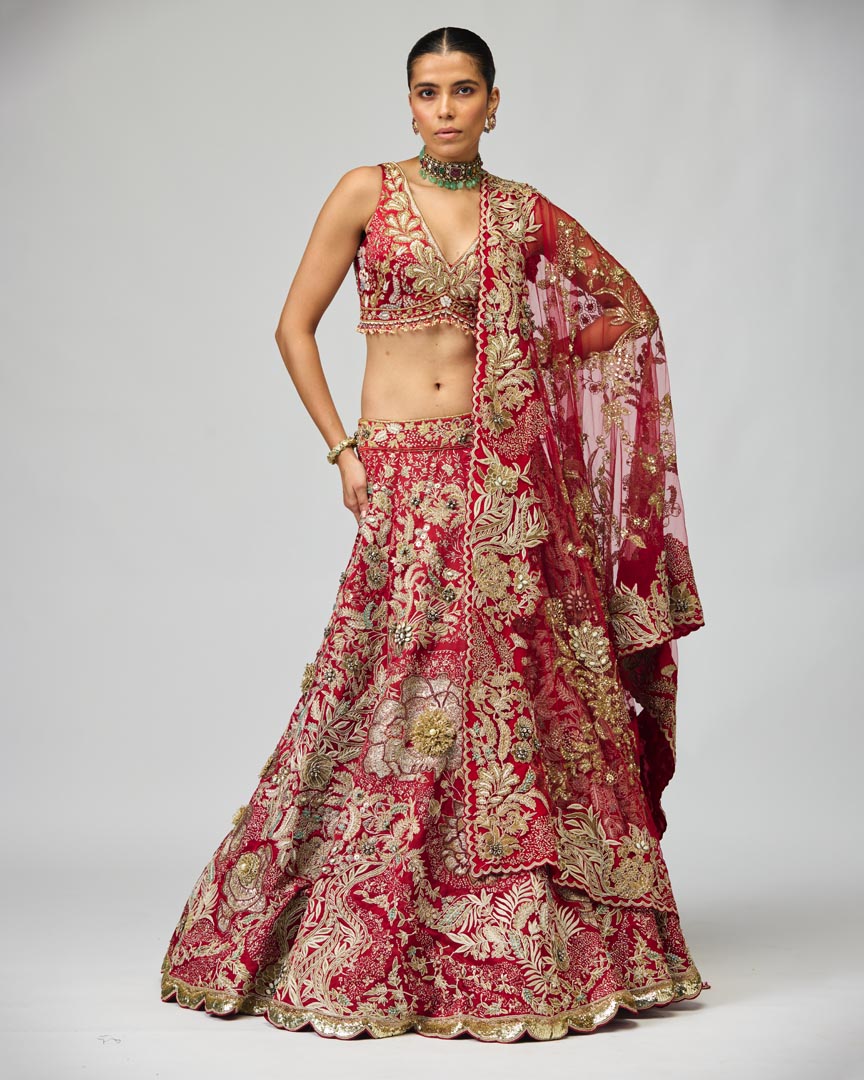 Maroon Zari Dabka Lehenga Set in Rich Viscose Satin Tissue