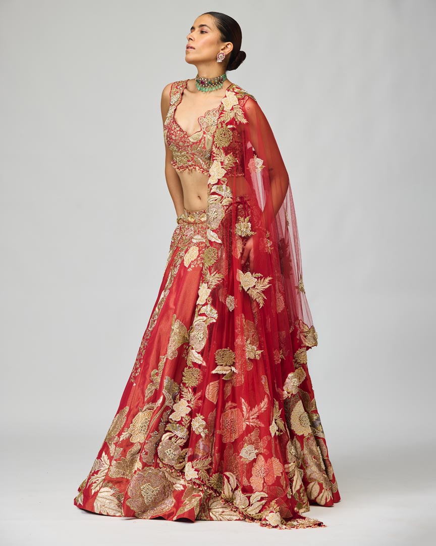 Red & Gold Zari Dabka Embellished Lehenga Set for Bridal Wear