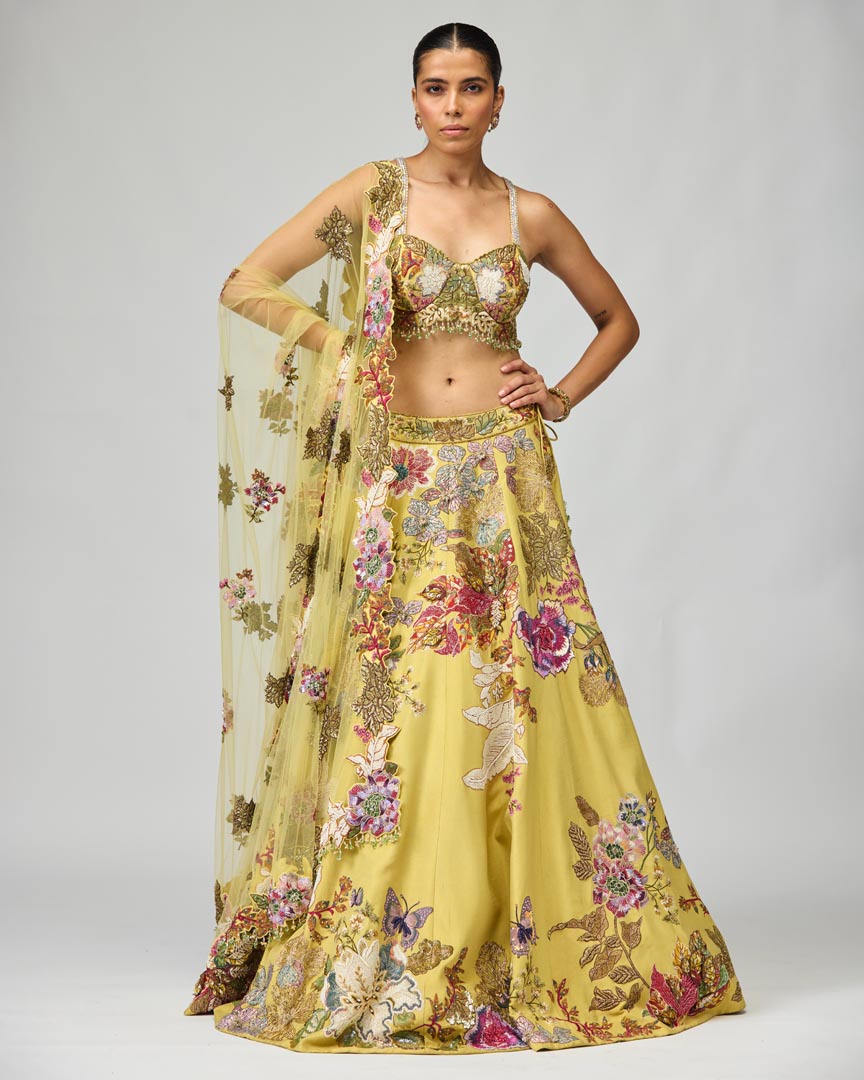 Multi-Color Embroidered Lime Green Lehenga Set for Weddings