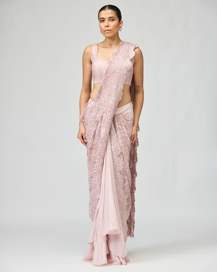 Pink Sheer Viscose Tissue Embroidered Saree Set for Cocktails