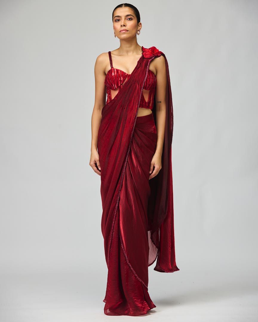 Red Silk Georgette Saree Set with Tonal Embroidery for Weddings