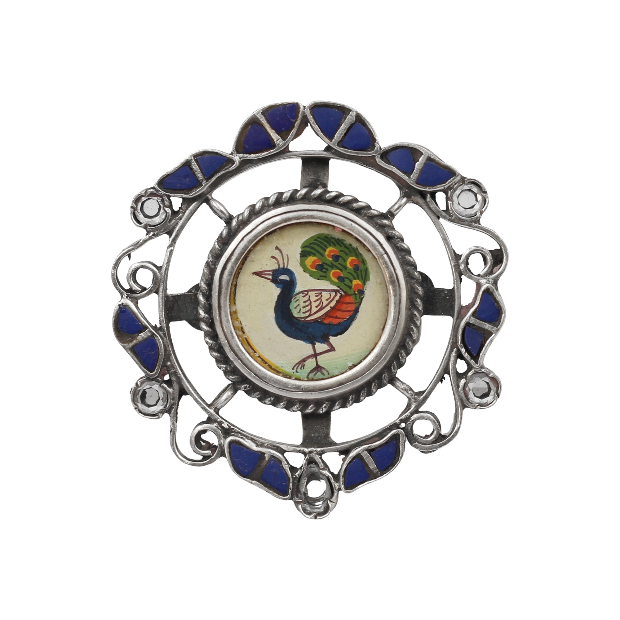Sangeeta Boochra Sterling Silver Ring with Peacock Artwork & Stone Detailing