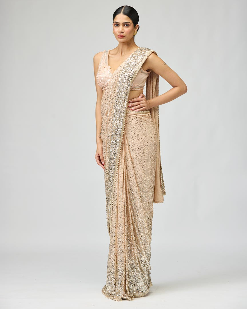Peach Silk Georgette Ombre Saree Set with Elegant Sequin Work