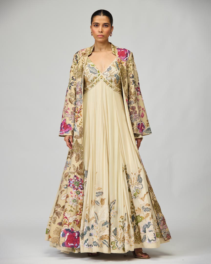 Ivory Thread Work Silk Georgette Anarkali Set for Festive Occasions