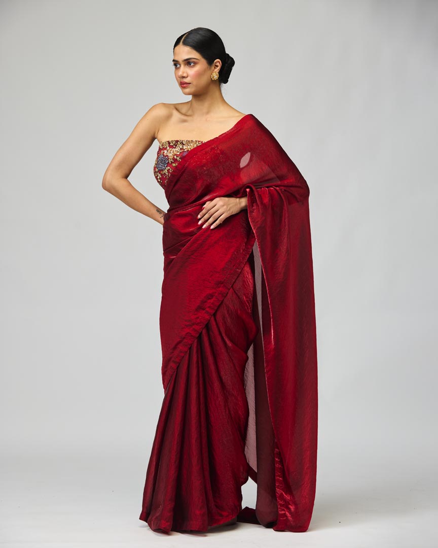 Maroon Net Embroidered Saree Set in Glossy Organza - Festive Wear