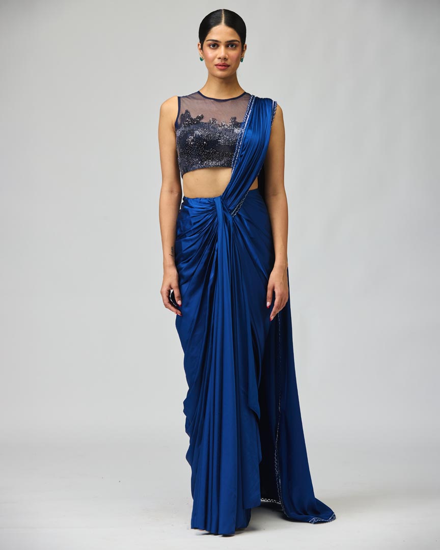 Navy Armani Satin Saree Set - Elegant Cocktail & Evening Wear