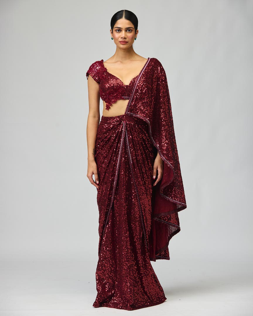 Maroon Sequin Saree Set with Dory Embroidery for Festive Wear