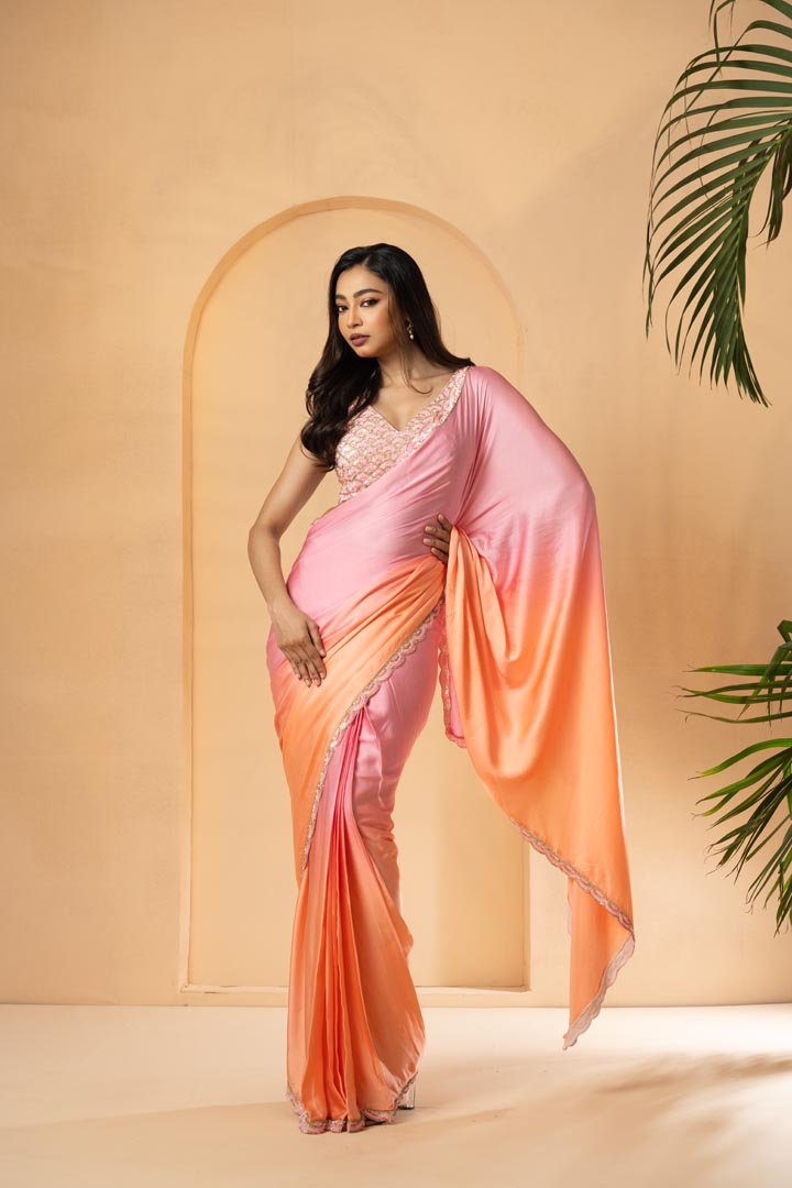 Pink-Peach ombre pre-stitched drape saree