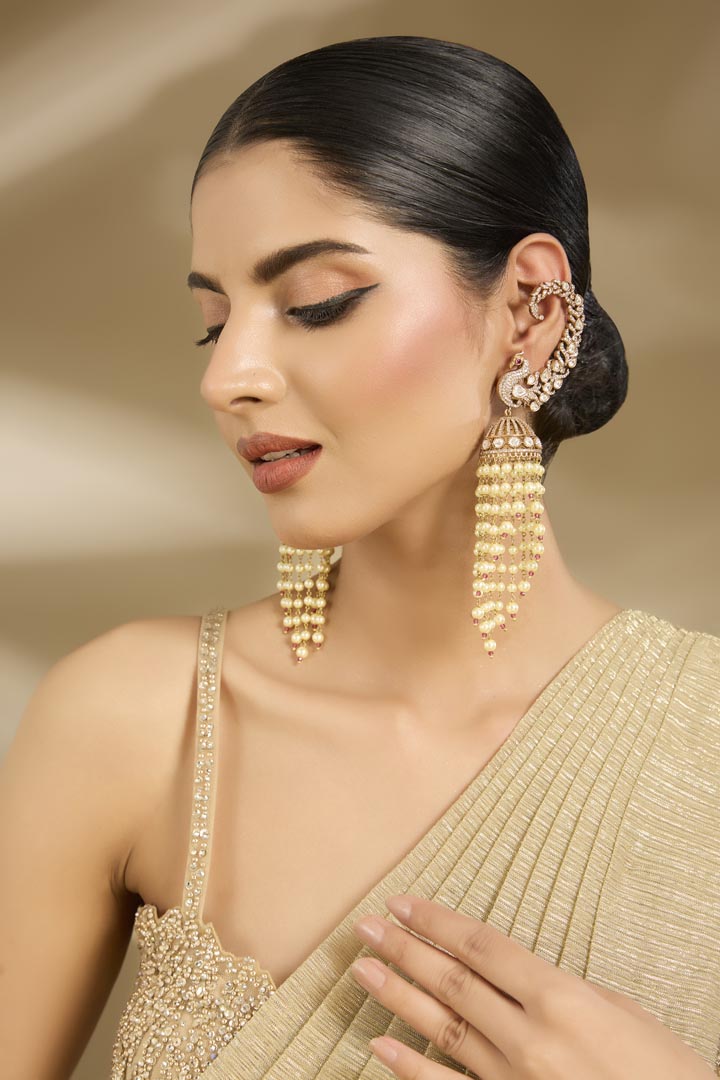 Gold-Plated Long Statement Pearl Drop Chandelier Earrings for Women