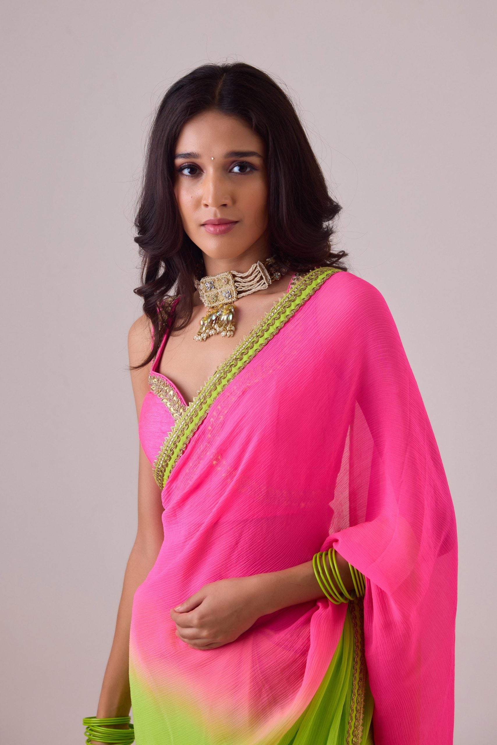 Pure silk chiffon ombre saree and gota borders